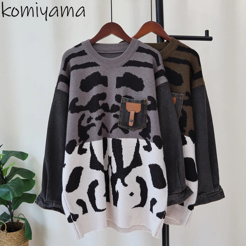 

Leopard Print 2025 Woman Sweater Knitted Outerwears Round Neck Long Sleeve Ropa Mujer Autumn Winter Vintage Pullovers Sueter
