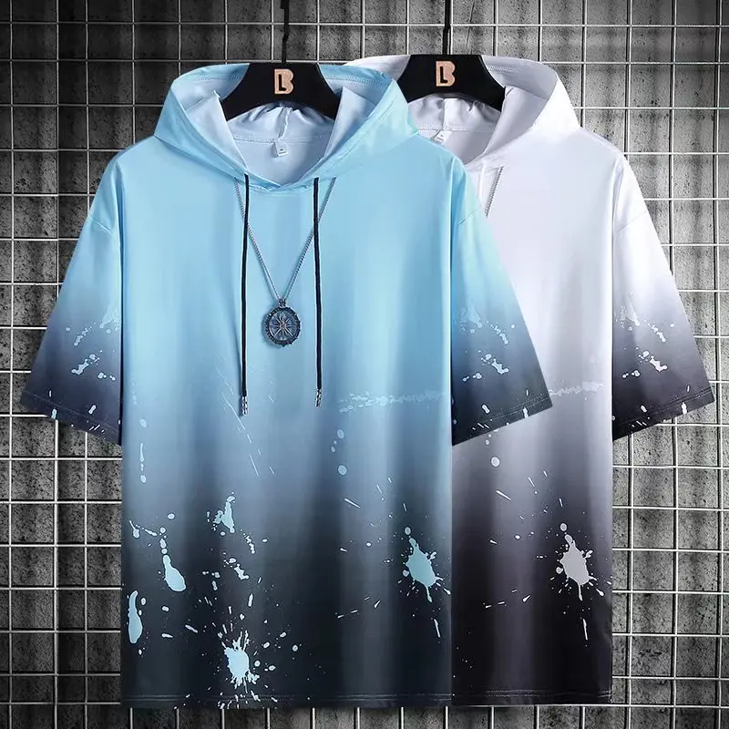 Sudadera con capucha de manga corta para hombre, ropa de calle de moda, estilo Hip Hop, informal, Harajuku, Splash ink