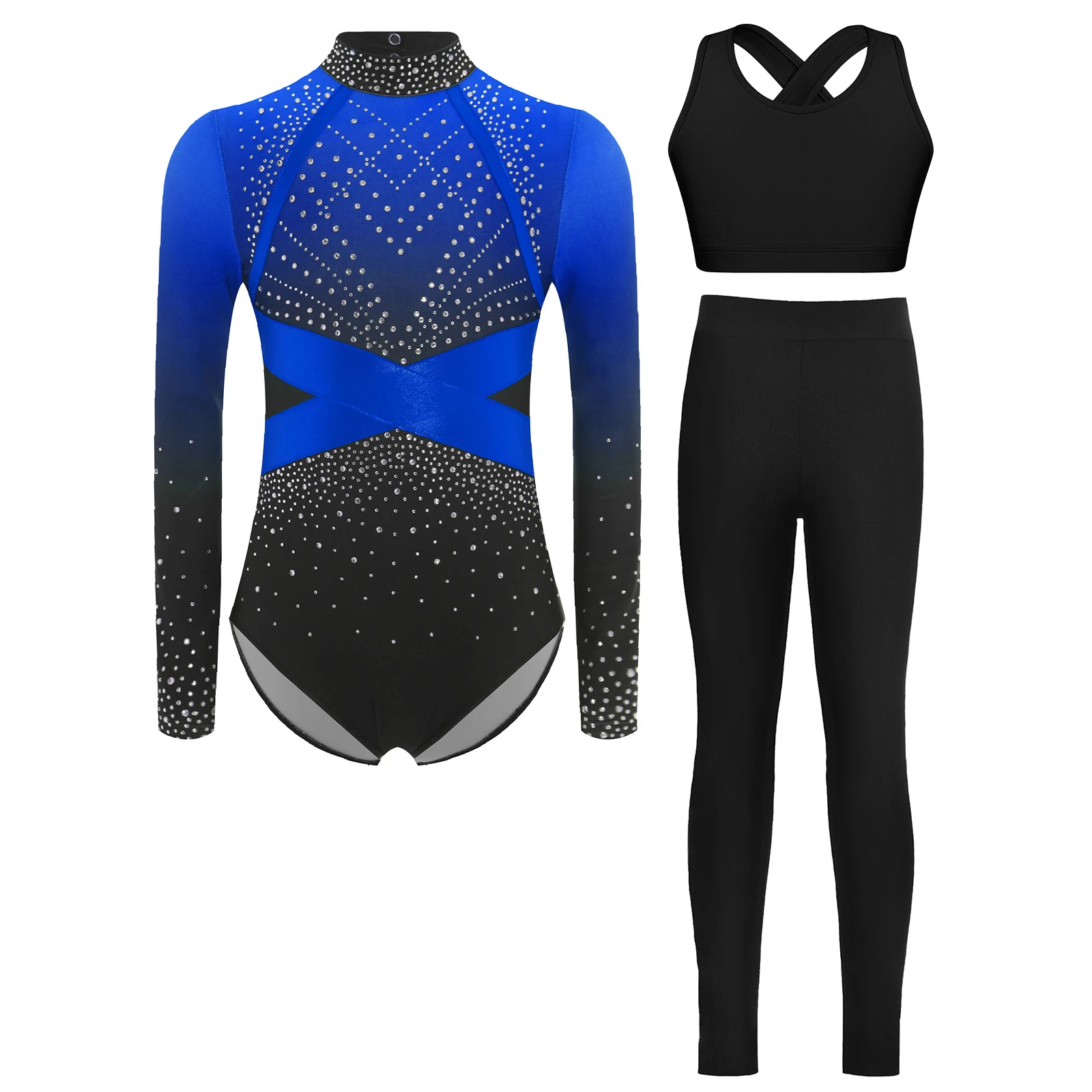 

Детский костюм для девочек: гимнастический купальник с длинными рукавами, стразами, жилетом и леггинсами для балета, художественной гимнастики и фигурного катания