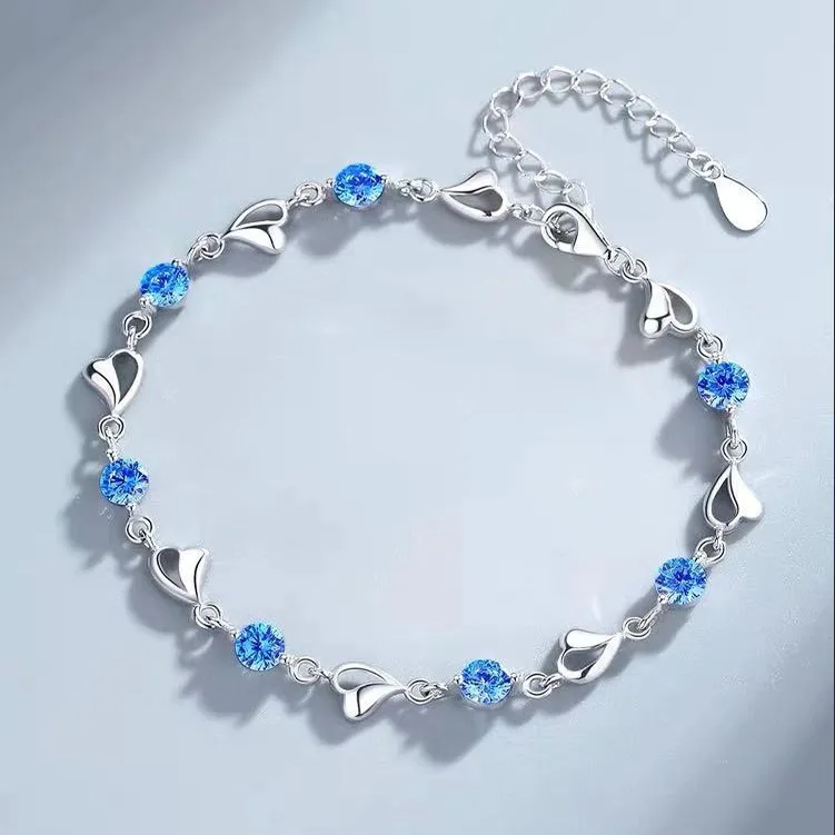 925 Sterling Zilveren Hartvormige Ketting Armband Set Voor Vrouwen Vintage Koreaanse Blauwe Kristallen Armbanden Sieraden Set Feest Sieraden Sieraden