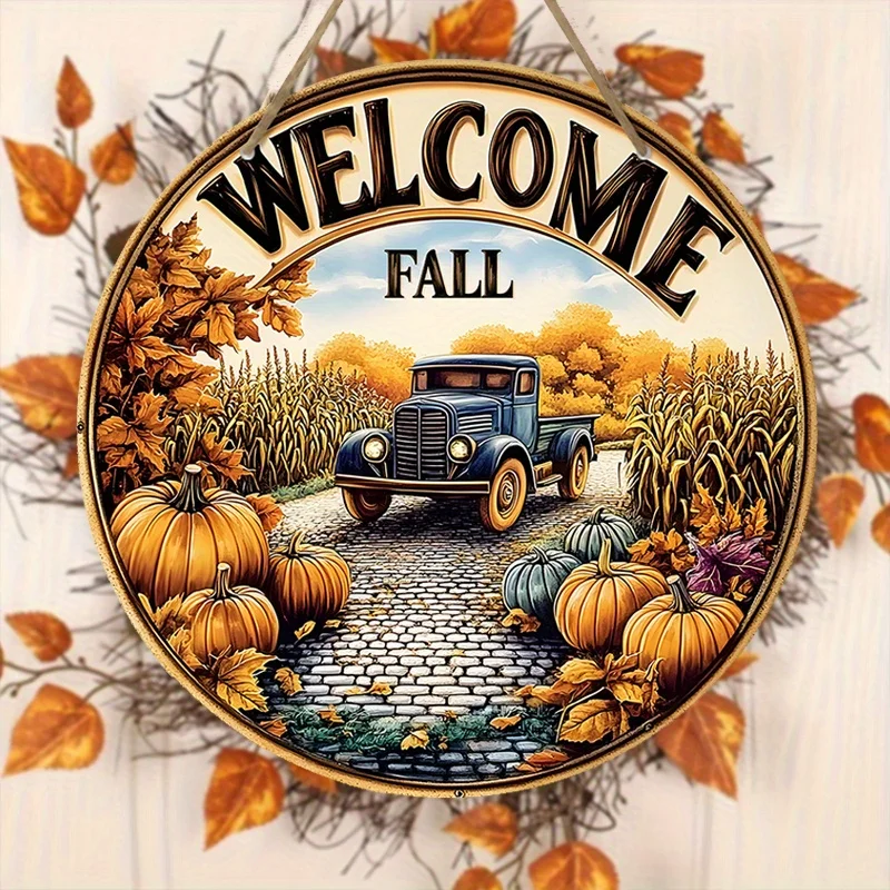 Charming Autumn Harvest & Thanksgiving Wooden Sign - Pumpkin Truck Welcome Fall Decor for Farmhouse Porch, Door, or Wall