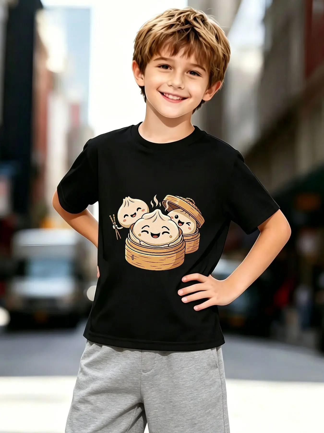 Cute Steamed Dumplings Bamboo Steamer Food Cartoon Art Graphic Print Family Matching Short Sleeve Tee Boys Girls Kids Casual Top