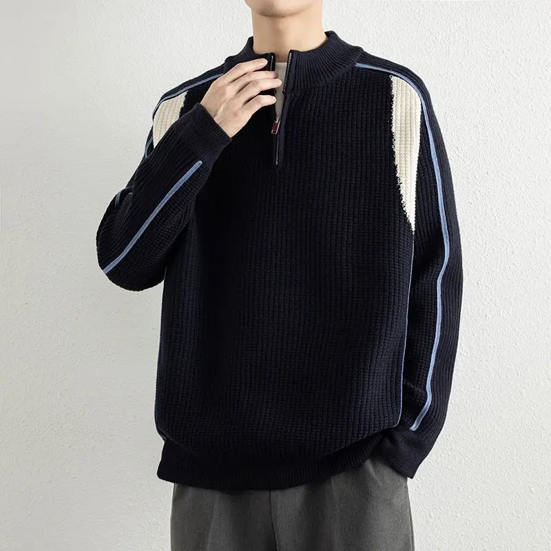 

Теплый повседневный вязаный свитер мужской осенне-зимний, простой, с отложным воротником, с эффектом высокого качества, молодежный трикотаж