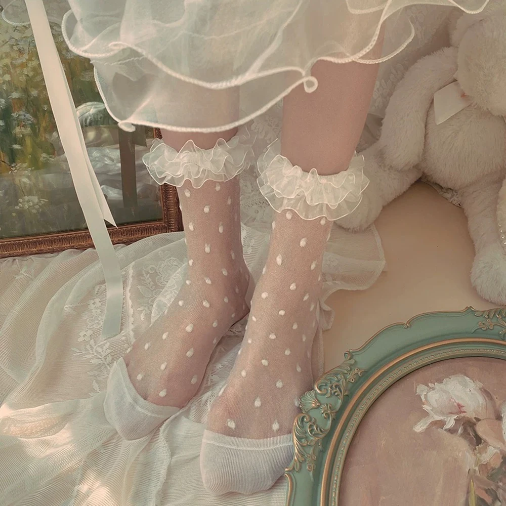 

1 пара тонких японских кружевных сетчатых носков средней длины в горошек в стиле Лолиты со стеклянными кристаллами для женщин и девочек