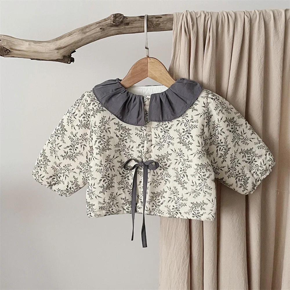 2025 Winter New Baby Girls Long Sleeve Ruffle Collar Floral Coat Plus Velvet Thick Infant Warm Padded Jacket Toddler Clothes