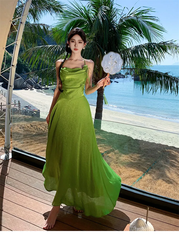 Hotsweet Y2k Girl Women Halter Short Green Mini Dress Summer Fashion Backless Irregular Strap Dress Holiday Beach Short Skirt