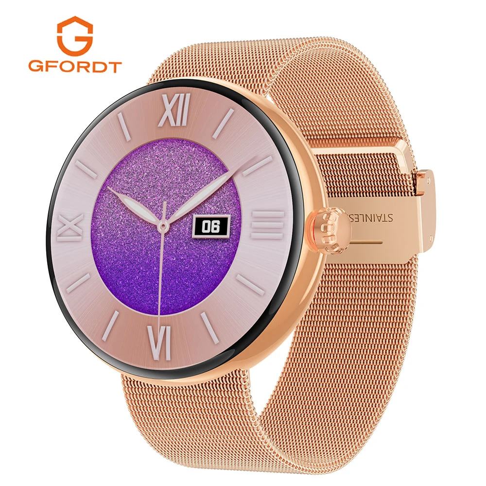 GFORDT Ladies Smart Watch Man Bluetooth Answer Call 1.3inch AMOLED Screen Blood Pressure Heart Rate Monitor Smartwatch Women