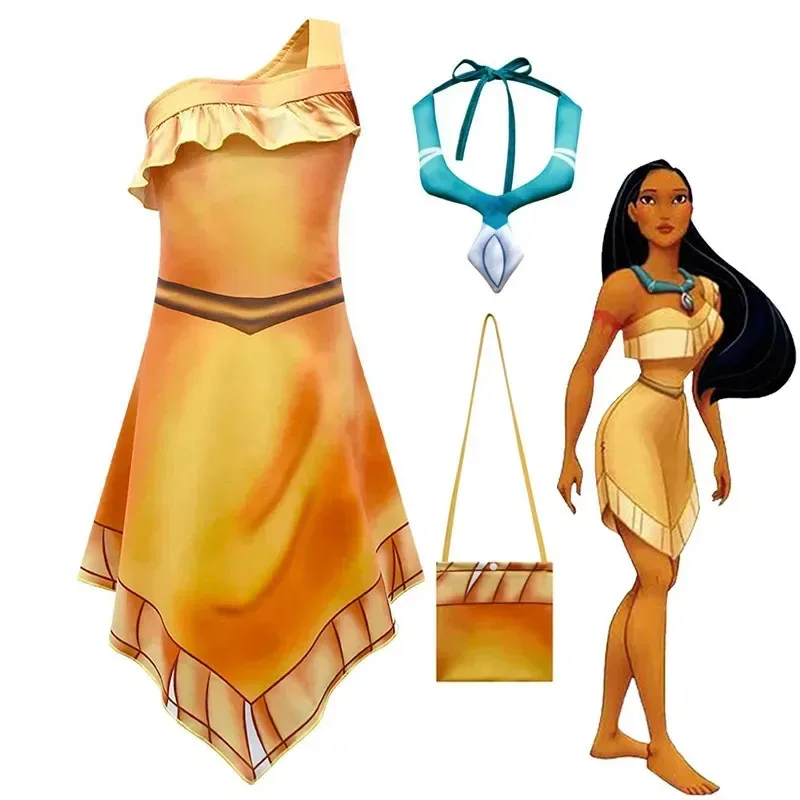 

New Girls Sexy Princess Pocahontas Costume Kids Indian Cosplay For Children Halloween Costumes Dress Necklace MN3