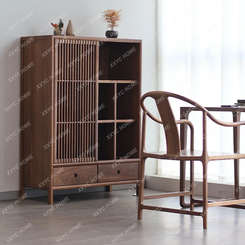 SLNorth  black walnut storage new Chinese tea cabinet log solid wood cabinet