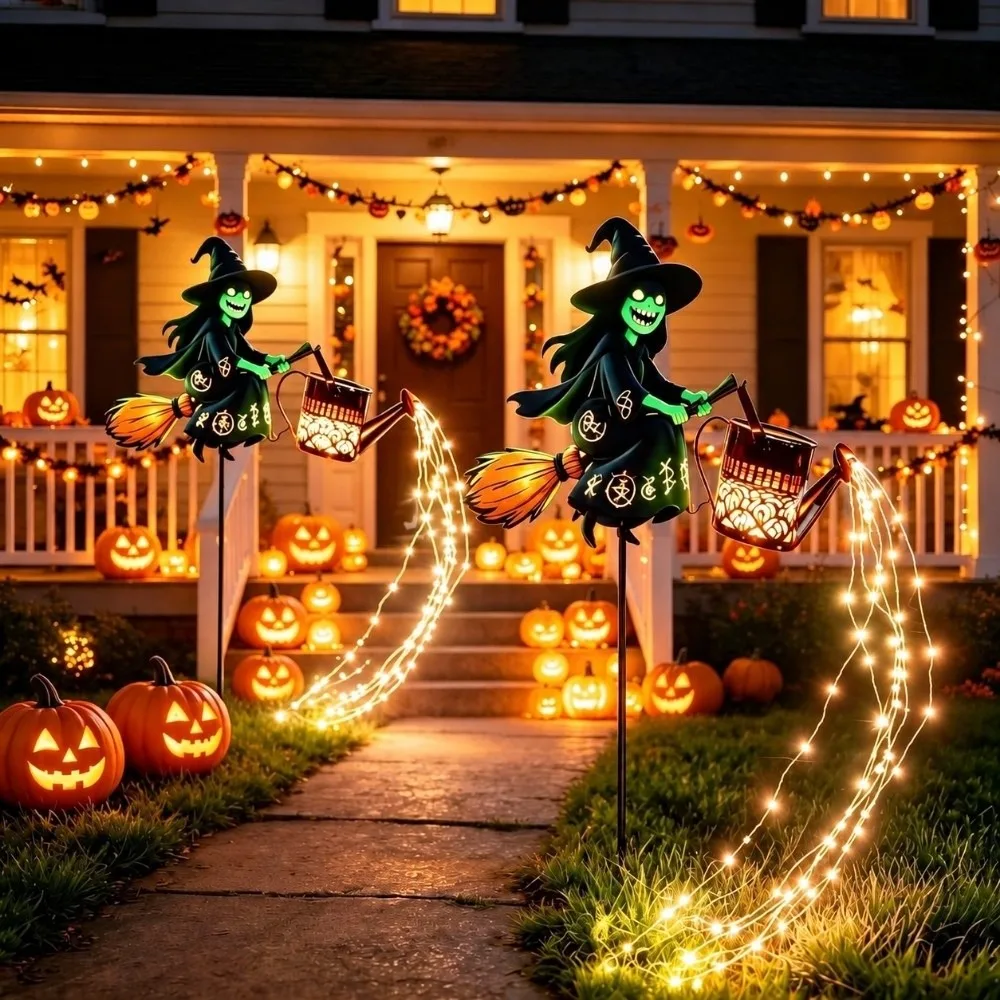 Solar Powered Witch Lawn Lamp Waterproof Watering Can Lantern Halloween Solar Lights Colorful Flowing LED Witch Garden Light