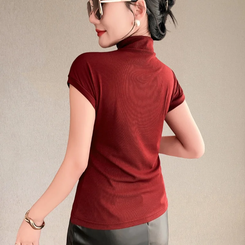 New Short Sleeve Ladies T-shirt Women Half High Neck Sequin Embroidery Fashion Basic Tee Casual Stretch Bottoming Top