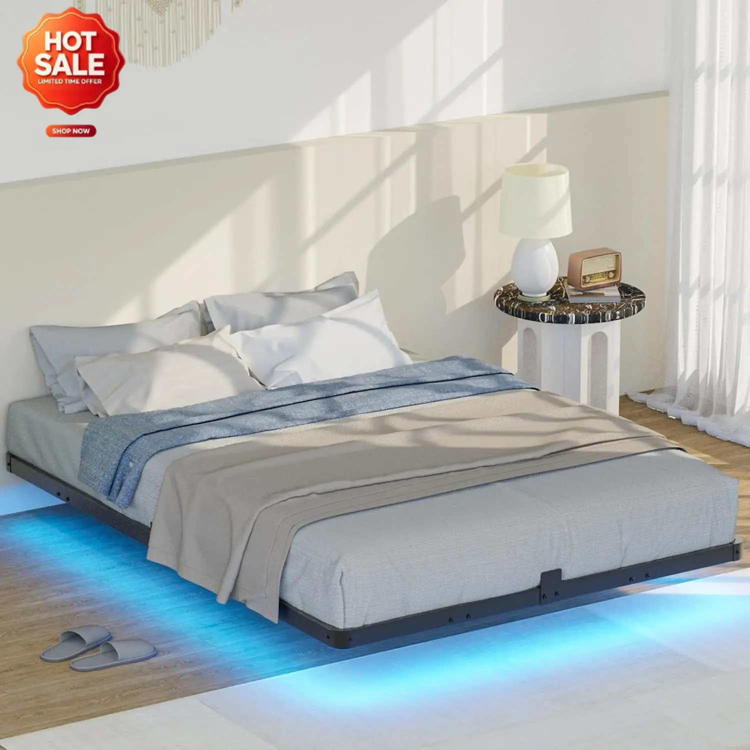 Floating Bed Frame Full Size with LED Lights 7.7 Inch Heavy Duty Metal Platform Queen Bed with Underbed Storage Space Steel Slat