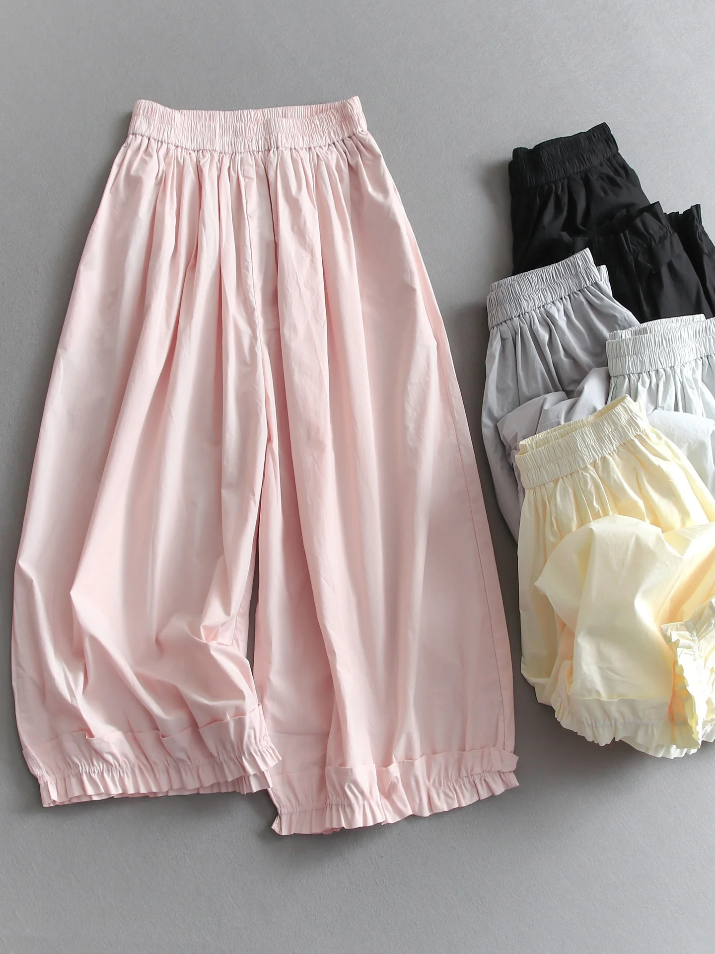 Pure Cotton Vintage Elastic Waist Loose Casual Pants Women's Style Nine Points Slimming Flower Bud Cuffed Pants Ageless