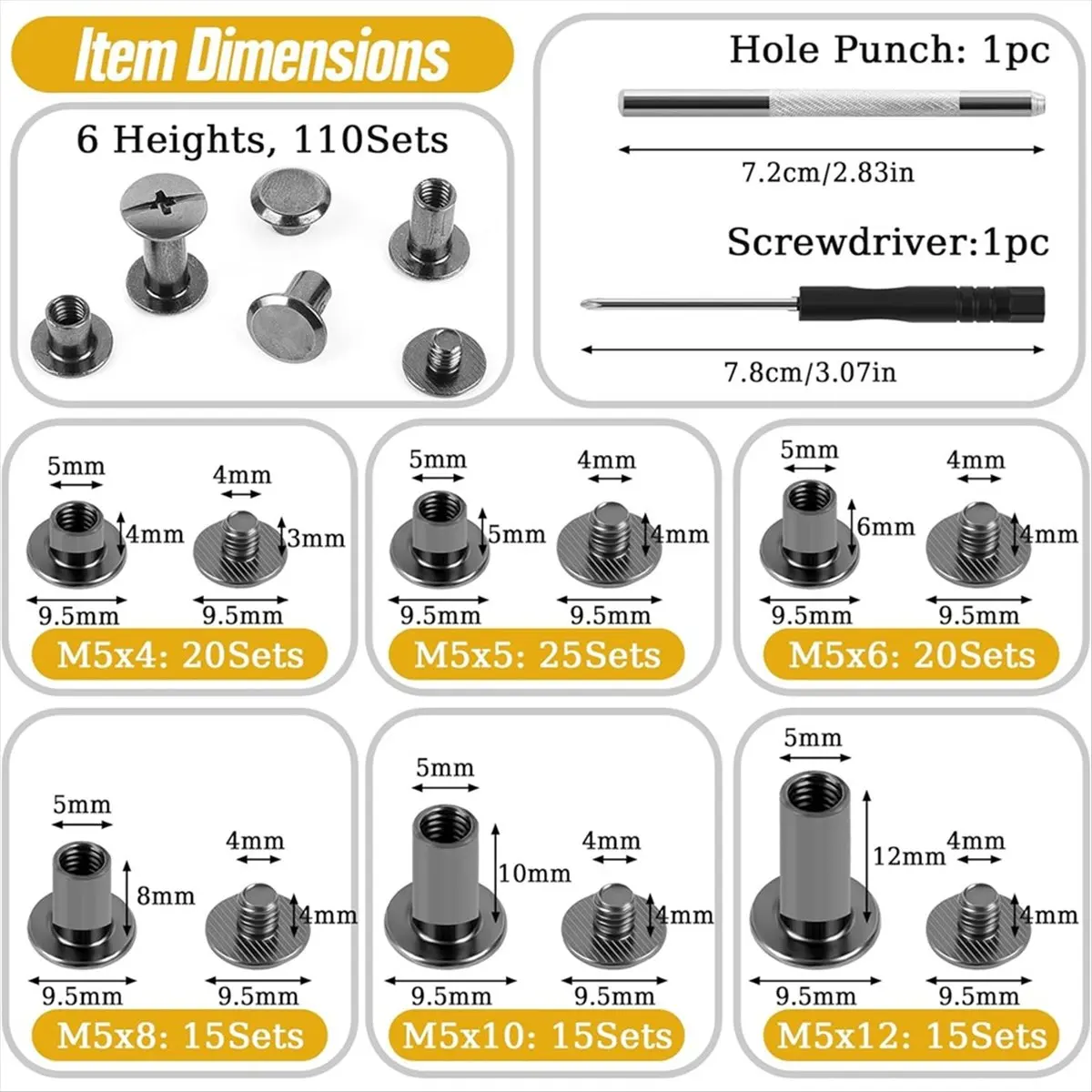 FTGT-Binding Screws Assorted Kit,M5x4/5/6/8/10/12mm Book-Binding Rivets with Punch Screwdriver,Screw Rivets for DIY Leather