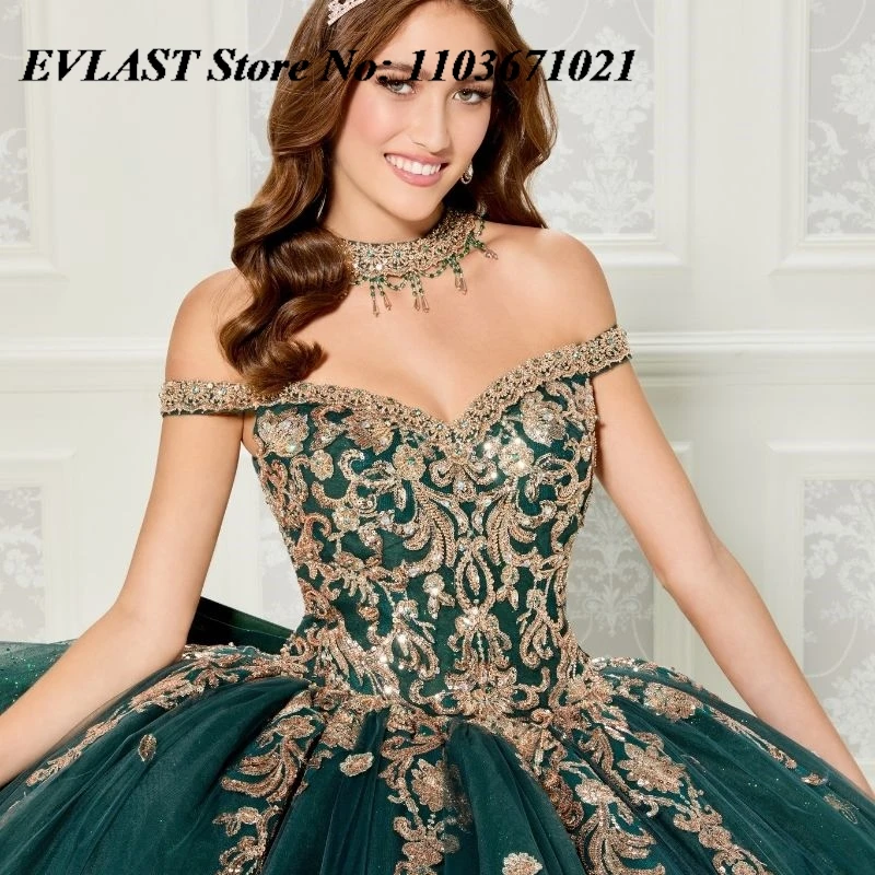 EVLAST Customized Emerald Green Quinceanera Dress Ball Gown Gold Lace Applique Beaded Tiered Sweet 16 Vestidos De XV 15 Anos SQ5