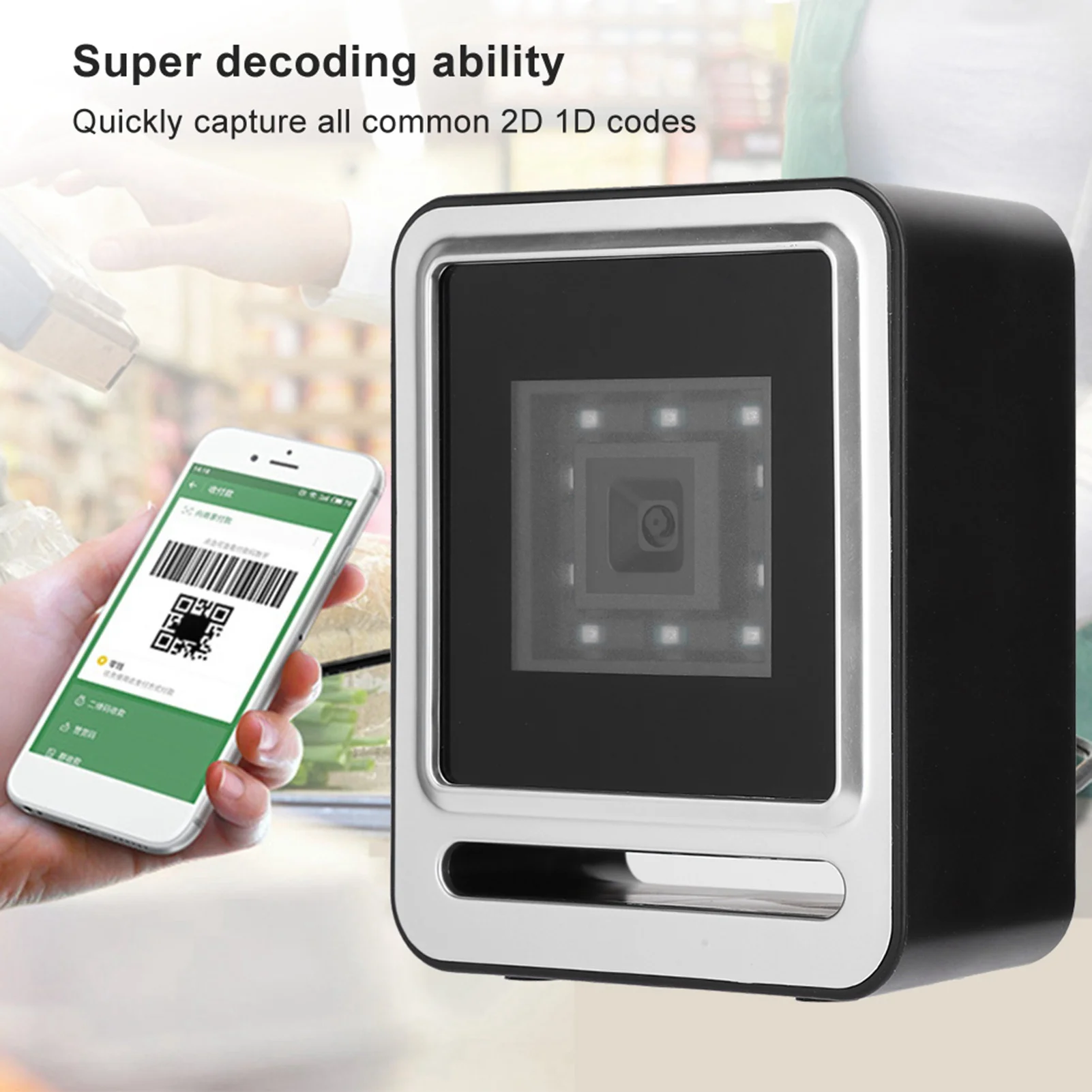 

Фиксированный сканер штрих-кода 1D QR 2D Настольный считыватель штрих-кода HandsFree с USB-кабелем Светодиодная подсветка Настольный сканер штрих-кода 1D 2D