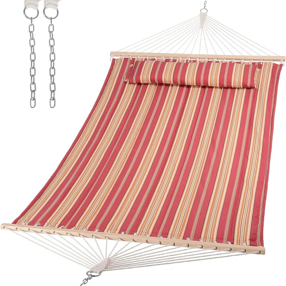 Double Hammock Quilted Fabric Swing with Spreader Bar, Detachable Pillow, 55” x79” Large Hammock, Red Stripes