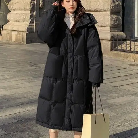 

New Women White Duck Down Jacket Winter Coat Female Solid Color Large Pocket Parkas Loose Hood Outwear Thick Warm Overcoat