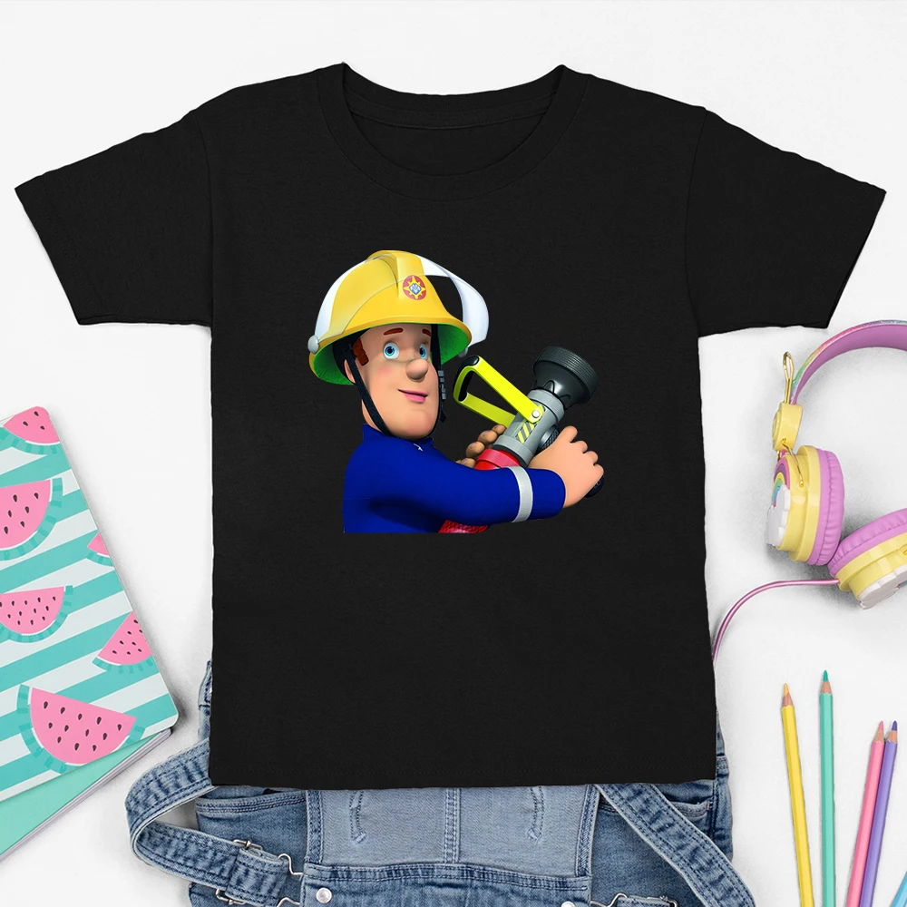 Детские футболки Fireman Sam, одежда для мальчиков, летние топы, черная модная детская рубашка с рисунком пожарных, уличная одежда Sam, Fireman