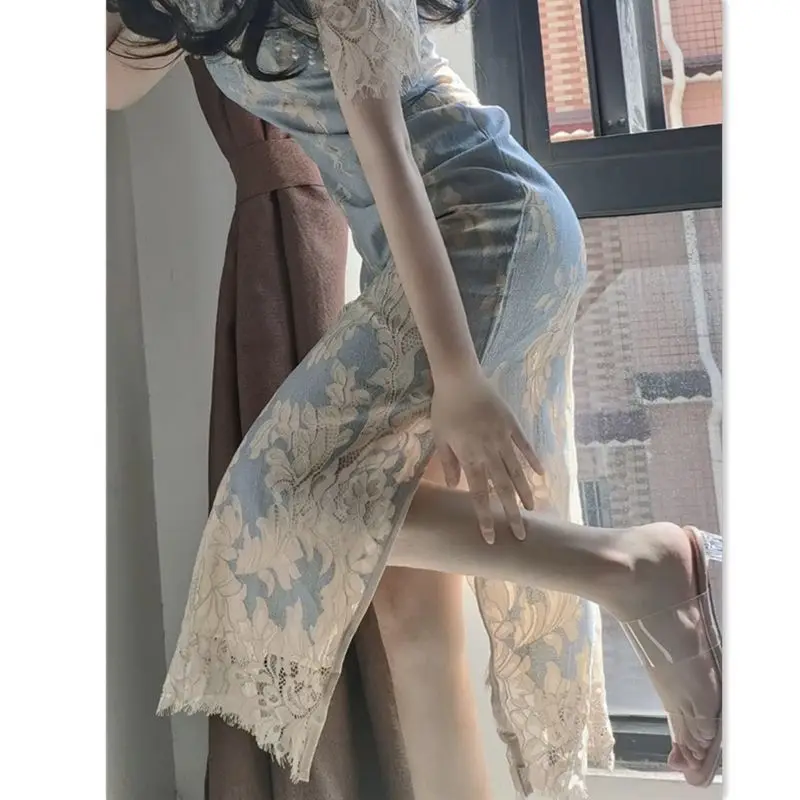 Vestido qipao largo de manga corta para mujer, traje de encaje con estampado de perlas, estilo chino, largo y diario, estilo cheongsam azul, primavera y verano