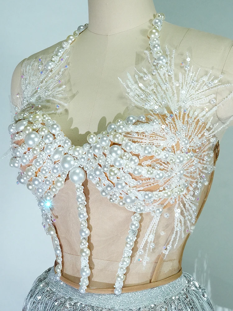 드래그 퀸 카바레 공연 의상 진주 태슬 투피스 세트 여성 컨투어 가운 전문 무대 나이트클럽 생일 글로우