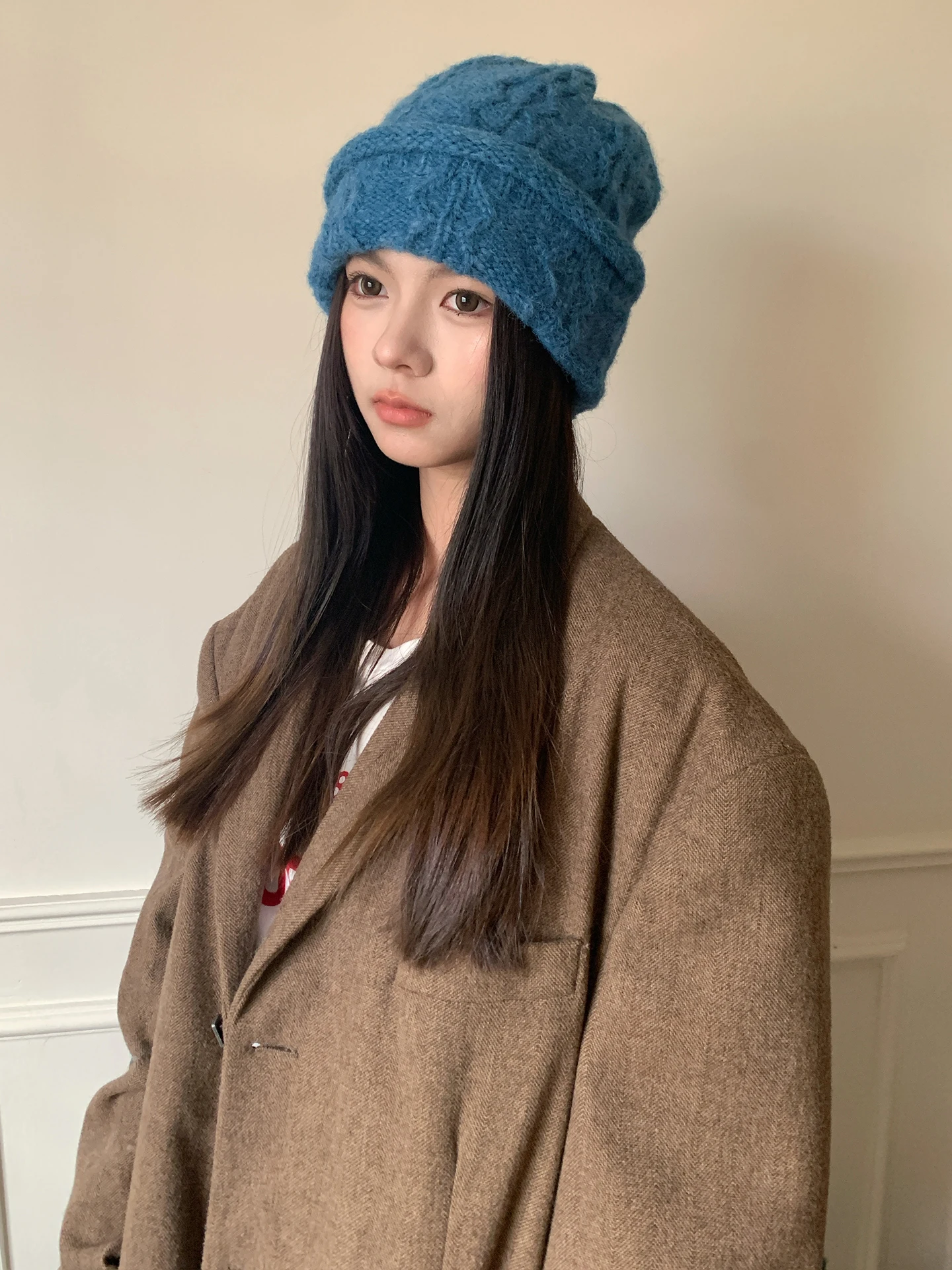 قبعة صوفية محبوكة كورية زرقاء جذابة للنساء دافئة في الخريف والشتاء مع وجه صغير وغطاء محرك السيارة لحماية الأذنين #2
