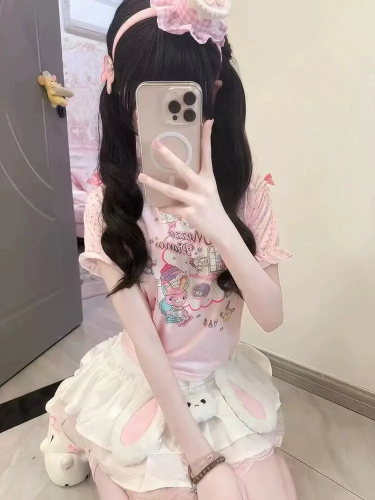 

2025 New Japanese Sweet Mini Cake Skirt Female Cute Flat-eared Rabbit Puffy Skirts Lolita Lace Design Jupe Y2k Ball Gown Outfits