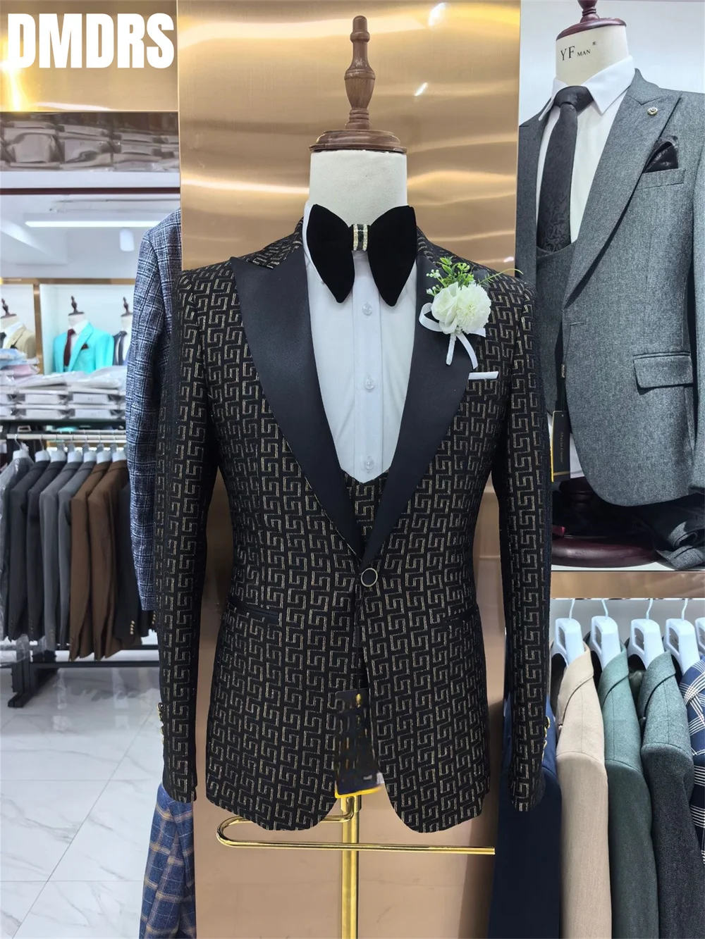 Conjunto de Terno Noivo de Casamento masculino, Jaqueta estampada popular, Blazers, Casaco, Terno de calças, Negócios, Conjunto de 3 peças, 2024