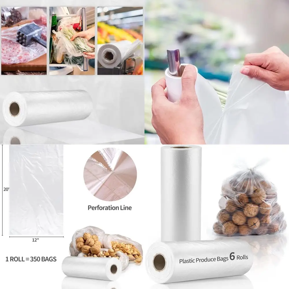 

12x20 Inch Clear Plastic Produce and Food Storage Bags, 350 Count per Roll, 6 Rolls Total
