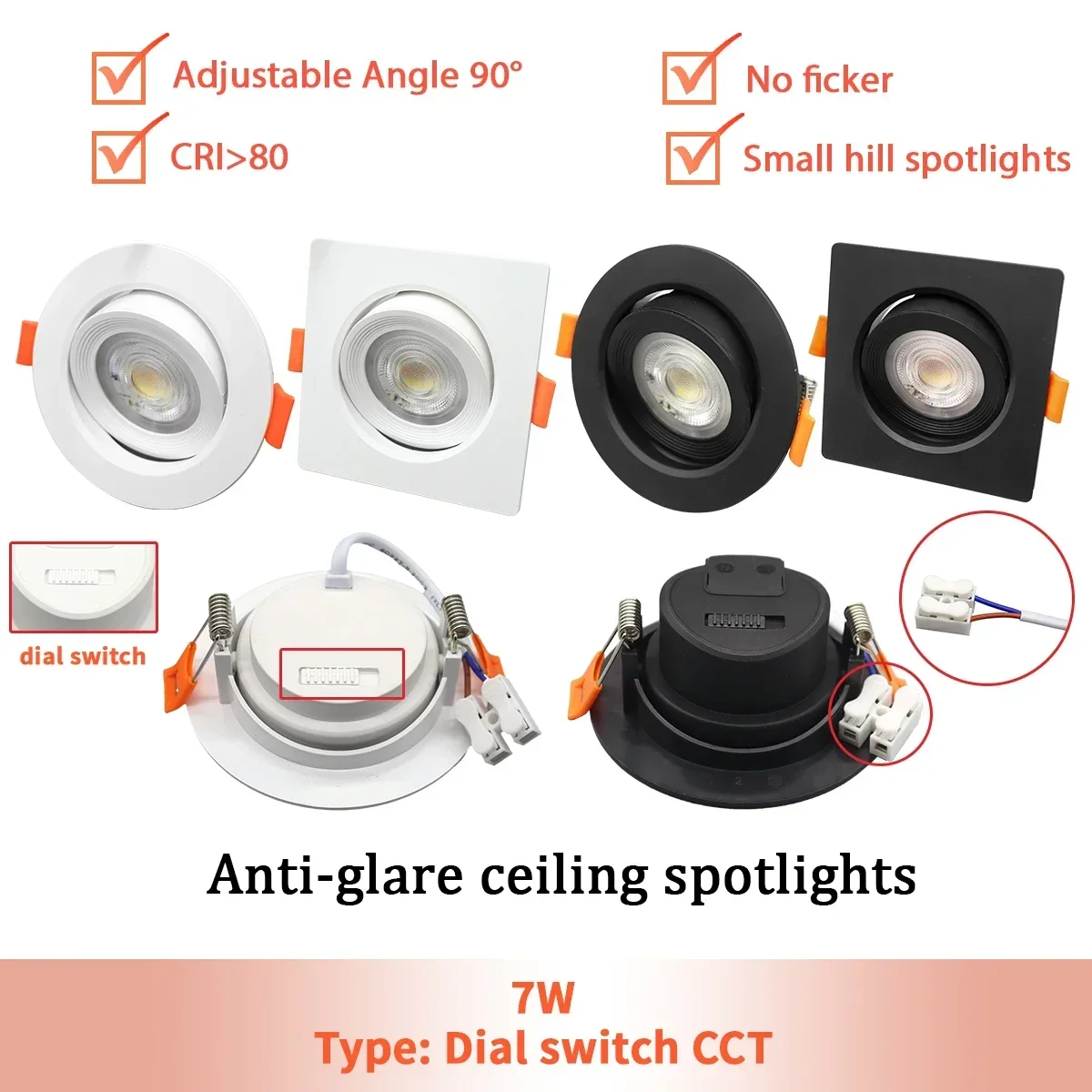 8pcs 90° Adjustable angle LED ceiling spotlights AC 220V 110V dial switch Tricolor dimming embedded Downlight for Bedroom home