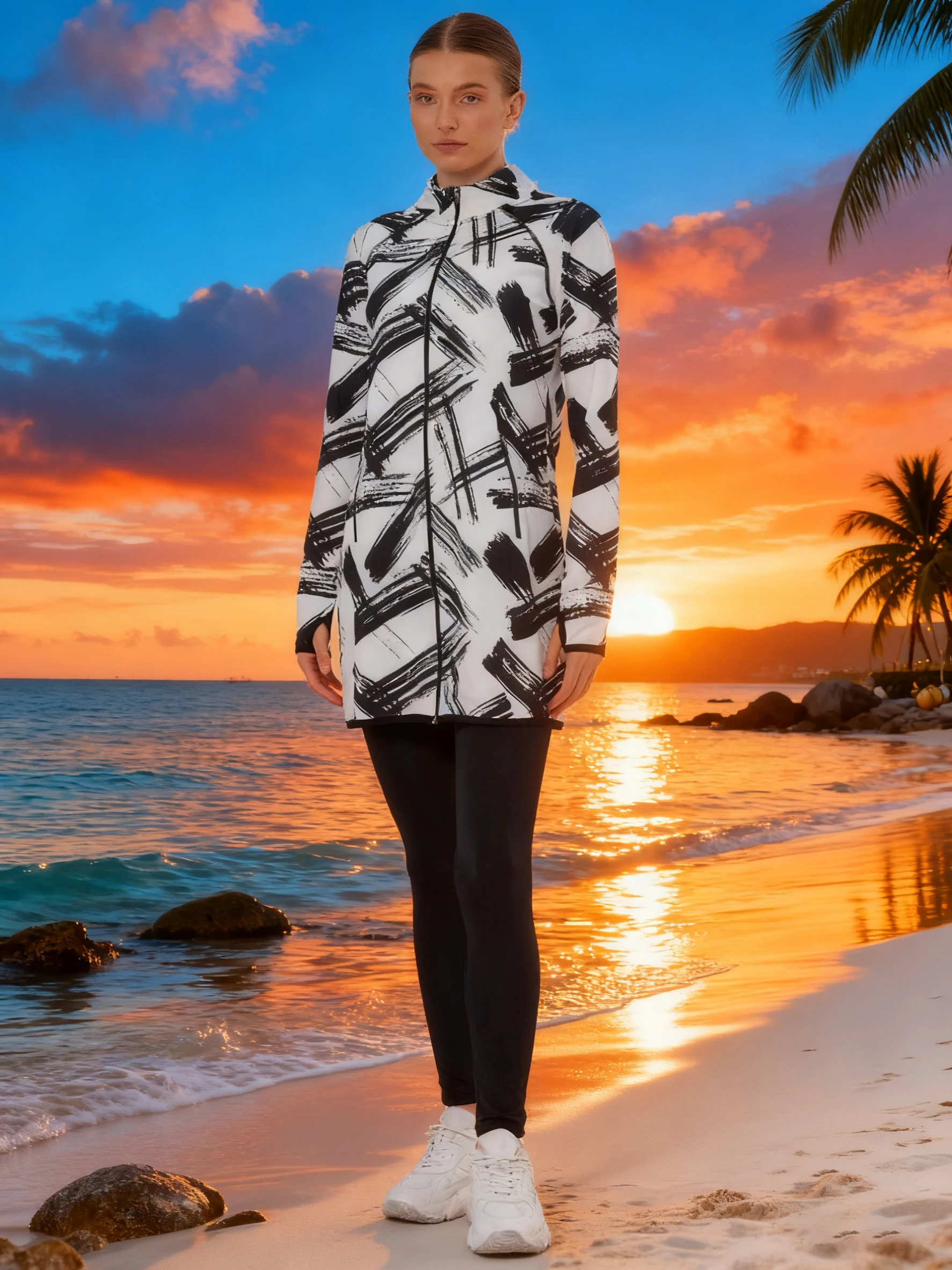 

2PCS/Set Burkini Femme Musulmane Slim fit Top Printing Sportswear Elastic Pants UPF50-UV Protection （Top+Pants）