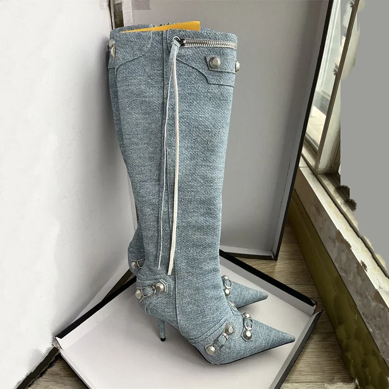 

2024 New Pointed Rivet Tassel Knee Length Boots 34-45 Side Zip 7cm Fine Heel Brand Women's Boots Imitation Denim Leather Boots