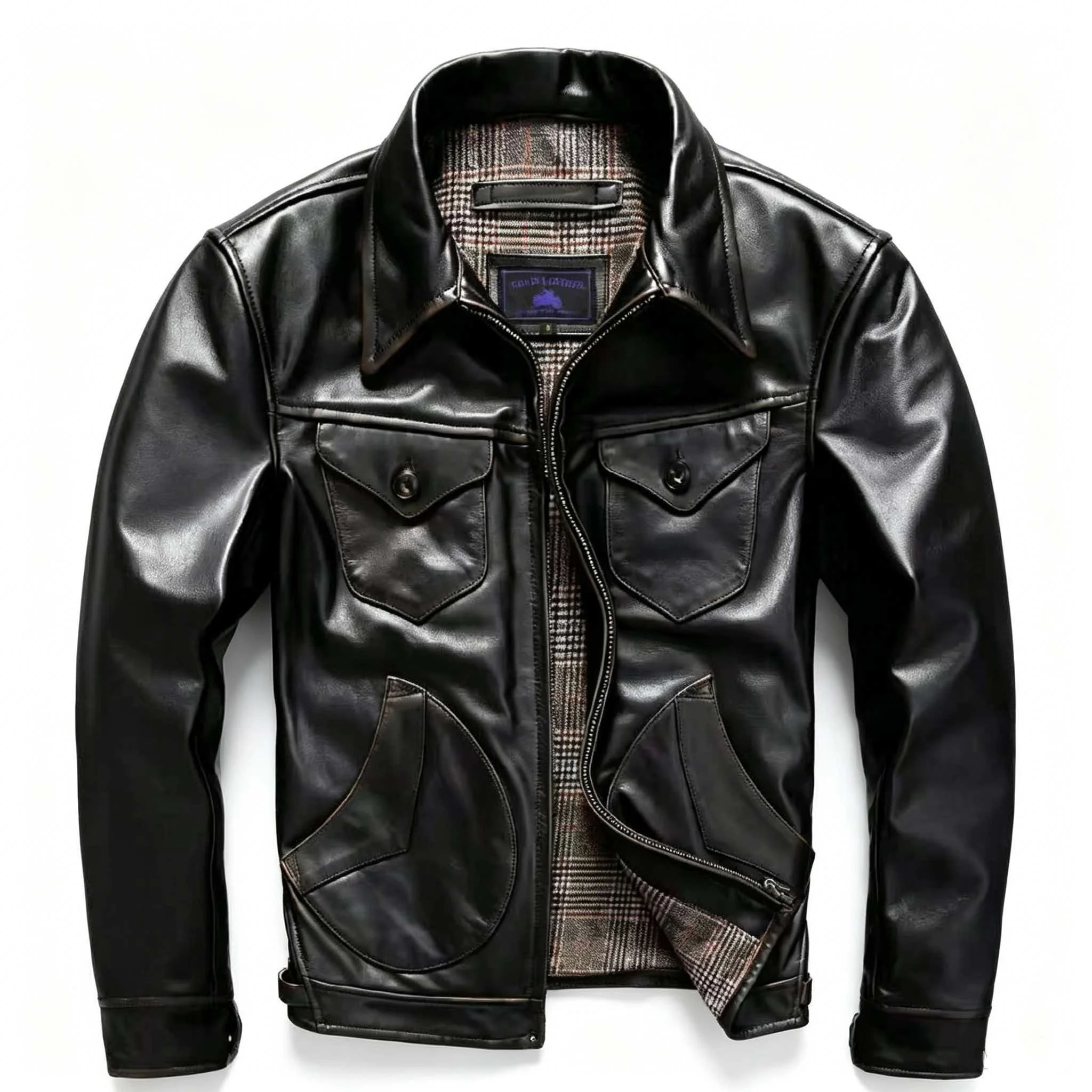 Men Genuine Cowhide Leather Western Jacket Black Glossy Wax Finish Crescent Pockets Snap Flap Chest Pockets Plaid Lined Vintage