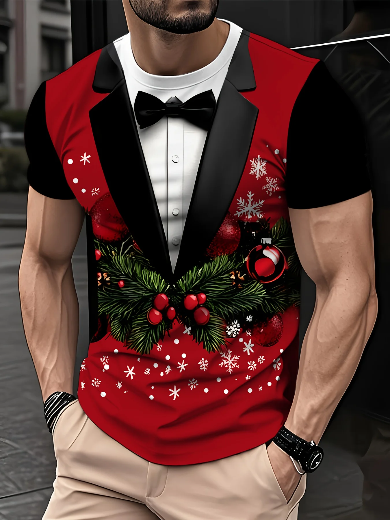 Men Fashion Christmas Print T‑Shirt, Fake Suit Tuxedo Xmas Wreath Snowflake Art Short Sleeve Crew Neck Holiday Casual Tee