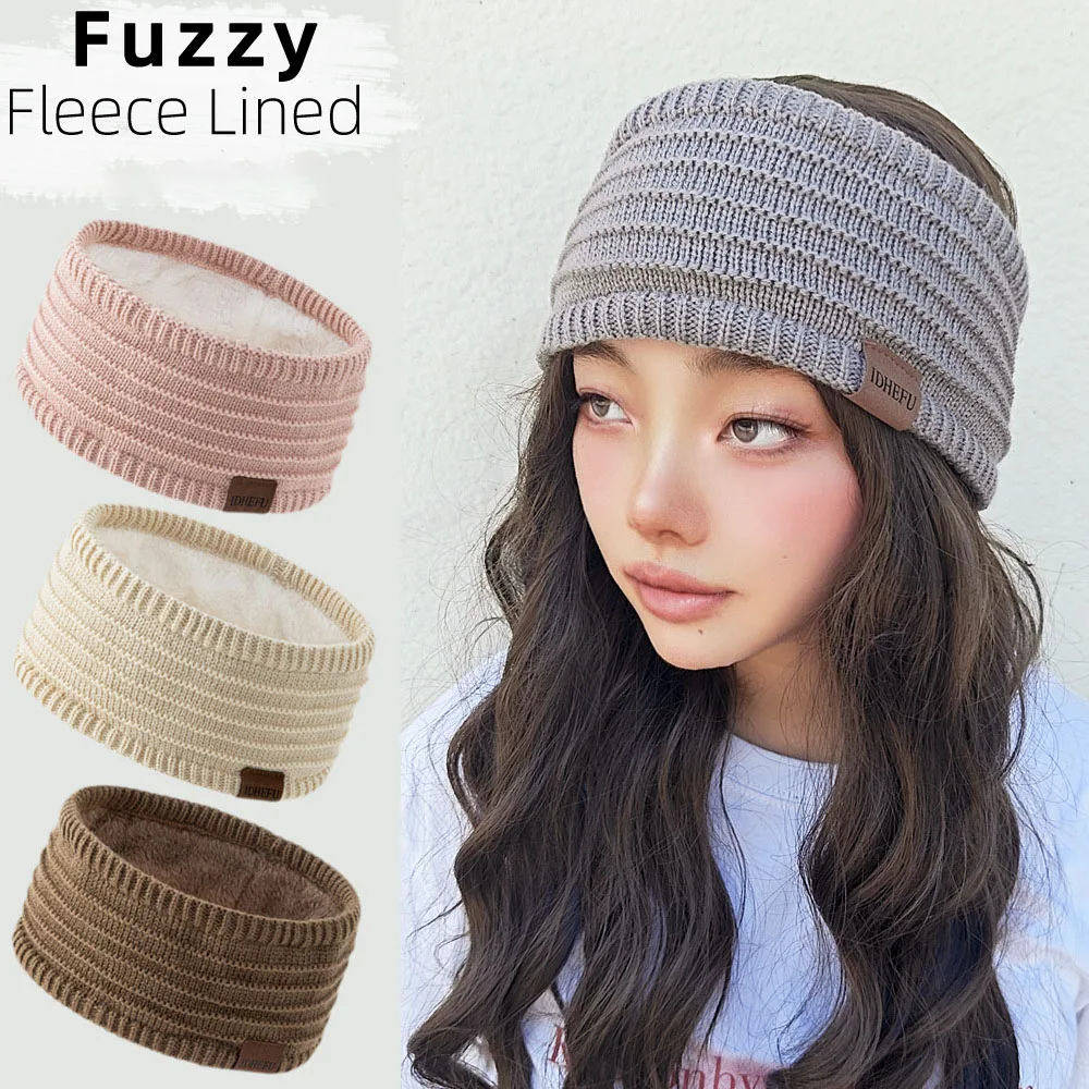

Winter Knitted Headband Thick Crochet Turban Knitted Ear Warmer with Plush Lining Elastic Turban Head Wraps Hair Accessories
