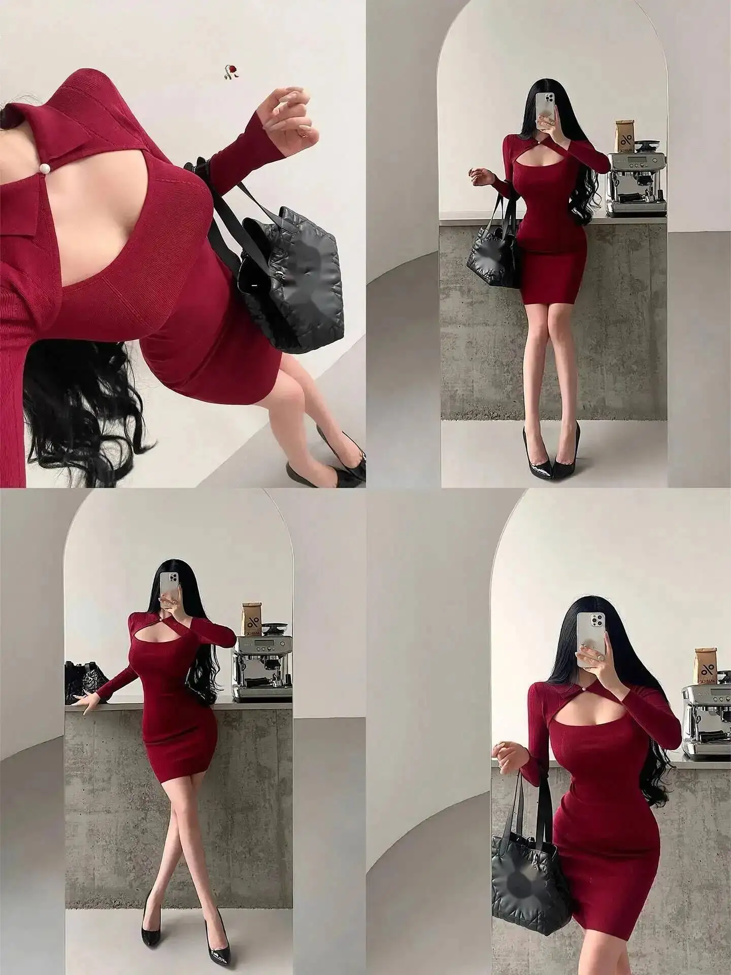 เดรสไหมพรมแขนยาวคอปกพับได้เว้าอกเซ็กซี่สไตล์สาวฮอต รุ่น Pure Desire ทรงเข้ารูปสั้น สำหรับฤดูใบไม้ร่วง รุ่น WKT8