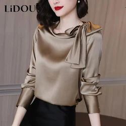 Sommer Herbst Büro Dame Satin Solide Elegante Mode Bogen Shirt Frauen Langarm Temperament Bodenbildung Blusa Alle-spiel Bluse