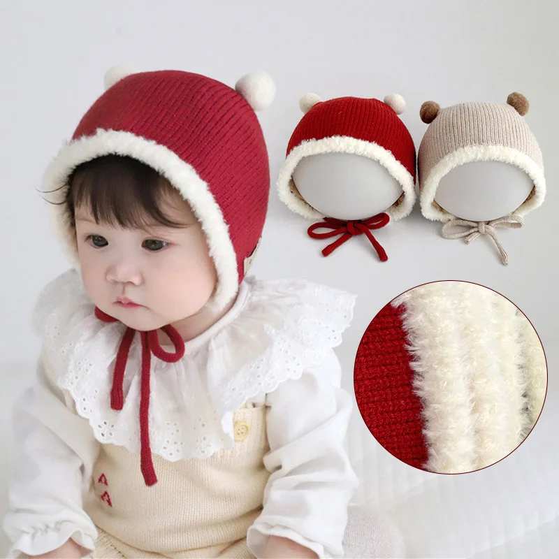 

New Year Red Baby Pullover Cap Winter Warm Newborn Ear Protection Hat Fluffy Fur Edge Headgear Bonnet 2-20M Kids Knitted Beanies
