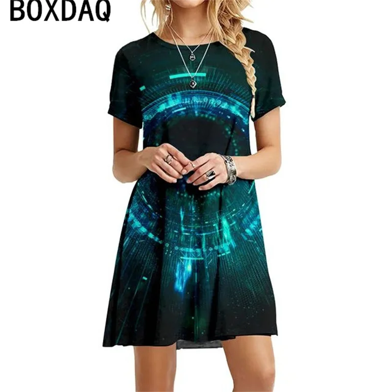 Women Summer Short Sleeve O-Neck Casual Dress 3D Starry Sky Gradient Blue Printed Mini Dress S-XXL Female Elegant Dress