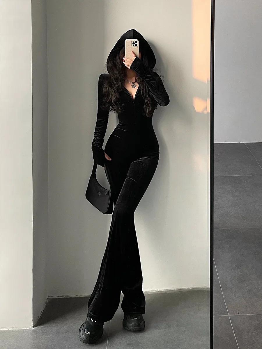 2024 Hot Tops Fashion Black Velvet Slim Hooded Zipper Long Sleeve Flare Pants Jumpsuit Rompers Korean Sexy