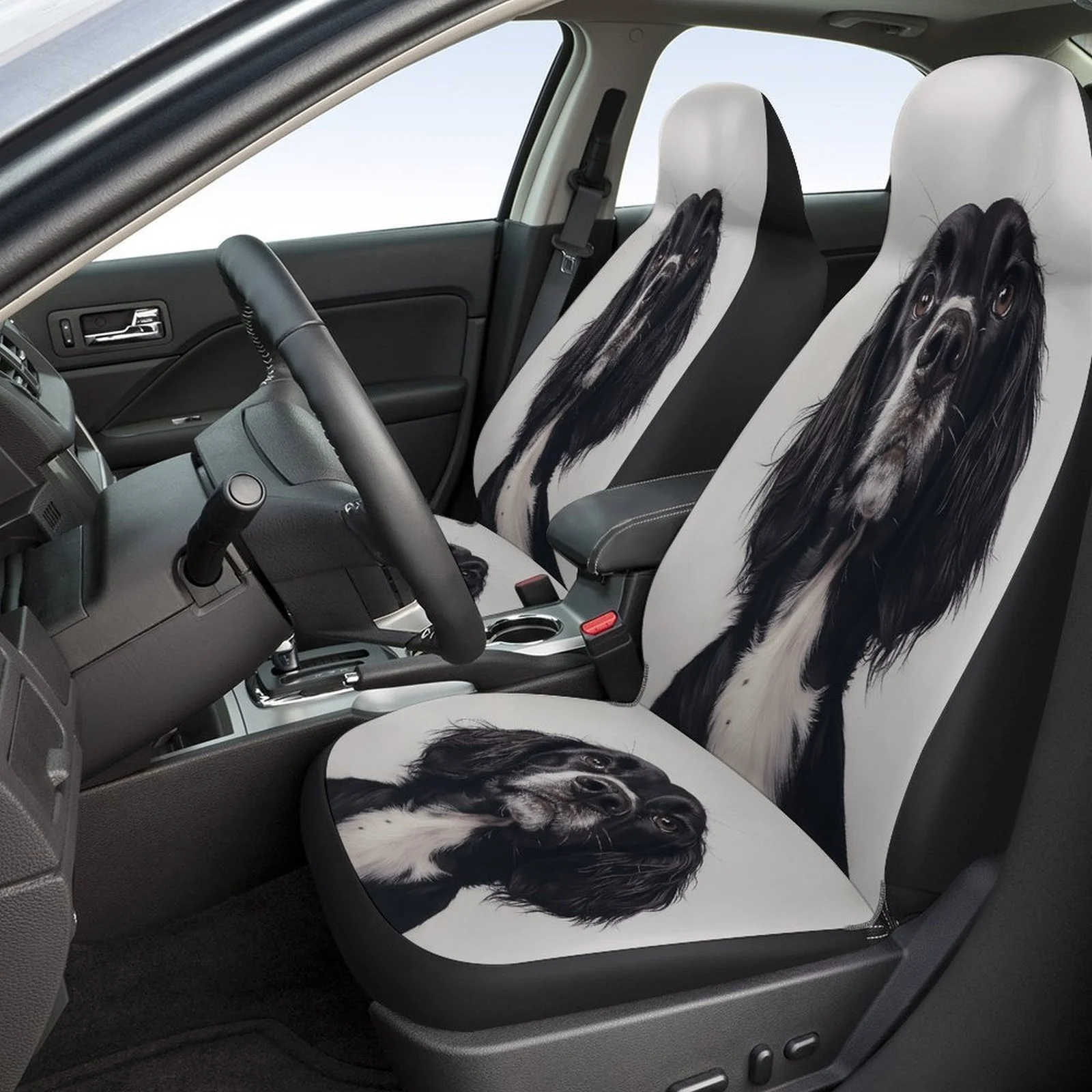 Black And White Dog Portrait Designed Car Seat Covers Set For Most Cars, Trendy Novelty Decorative Car Seat Protector Covers Ful