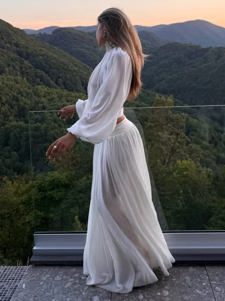 Weird Puss Fashion 2-teiliges Set für Damen, rückenfreies Rollkragenoberteil mit langen Ärmeln + gerüschter langer Rock, eleganter, schlichter Urlaubs- und Partyanzug – Detail 17