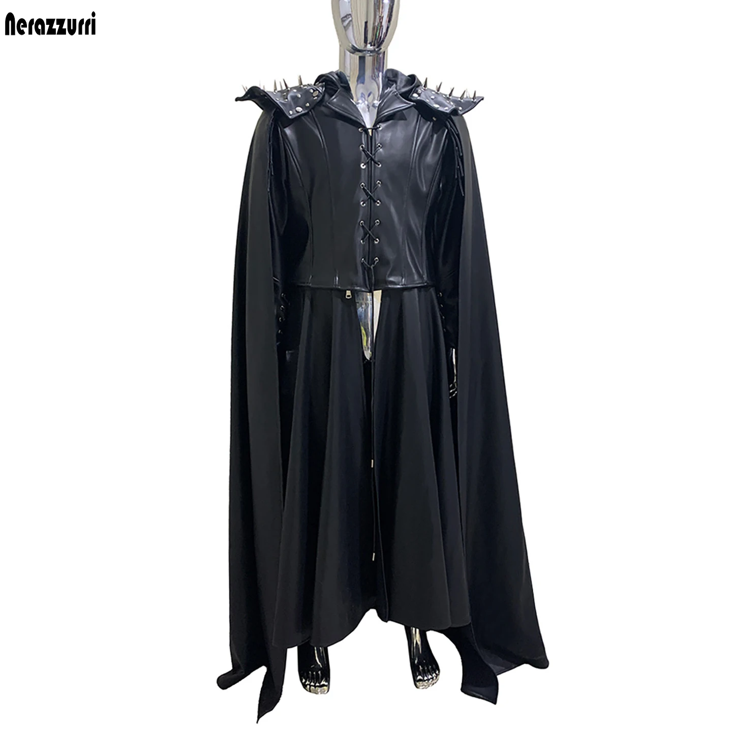 Nerazzurri Autumn Extra Long Studded Black Pu Leather Poncho Overcoat Men with Hood Medieval Steampunk Lace Up Luxury Cloak 2026