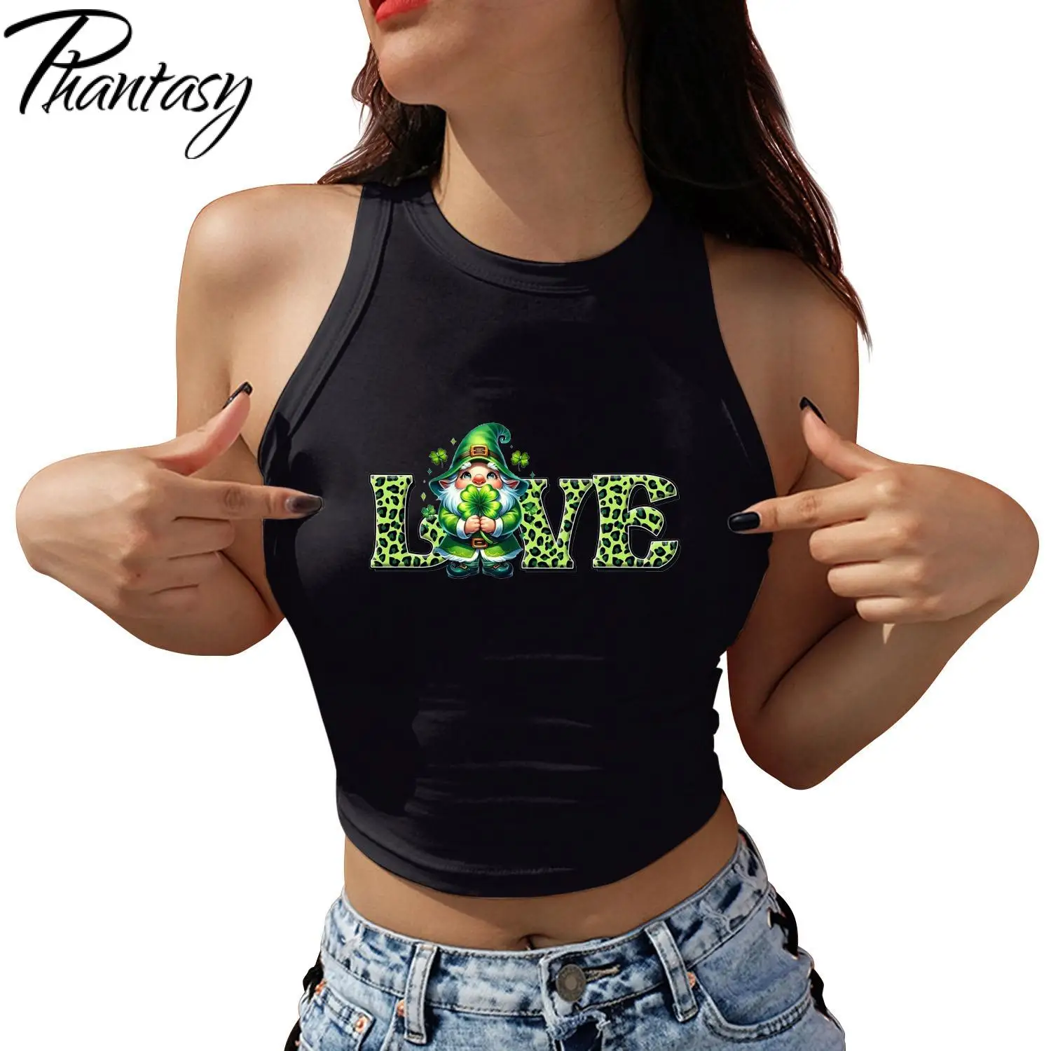 Phantasy St Patrick's Day Lucky Love Printed Crop Tops for Women Sleeveless Shirt Summer Harajuku Female Casual Y2K Tank Tops