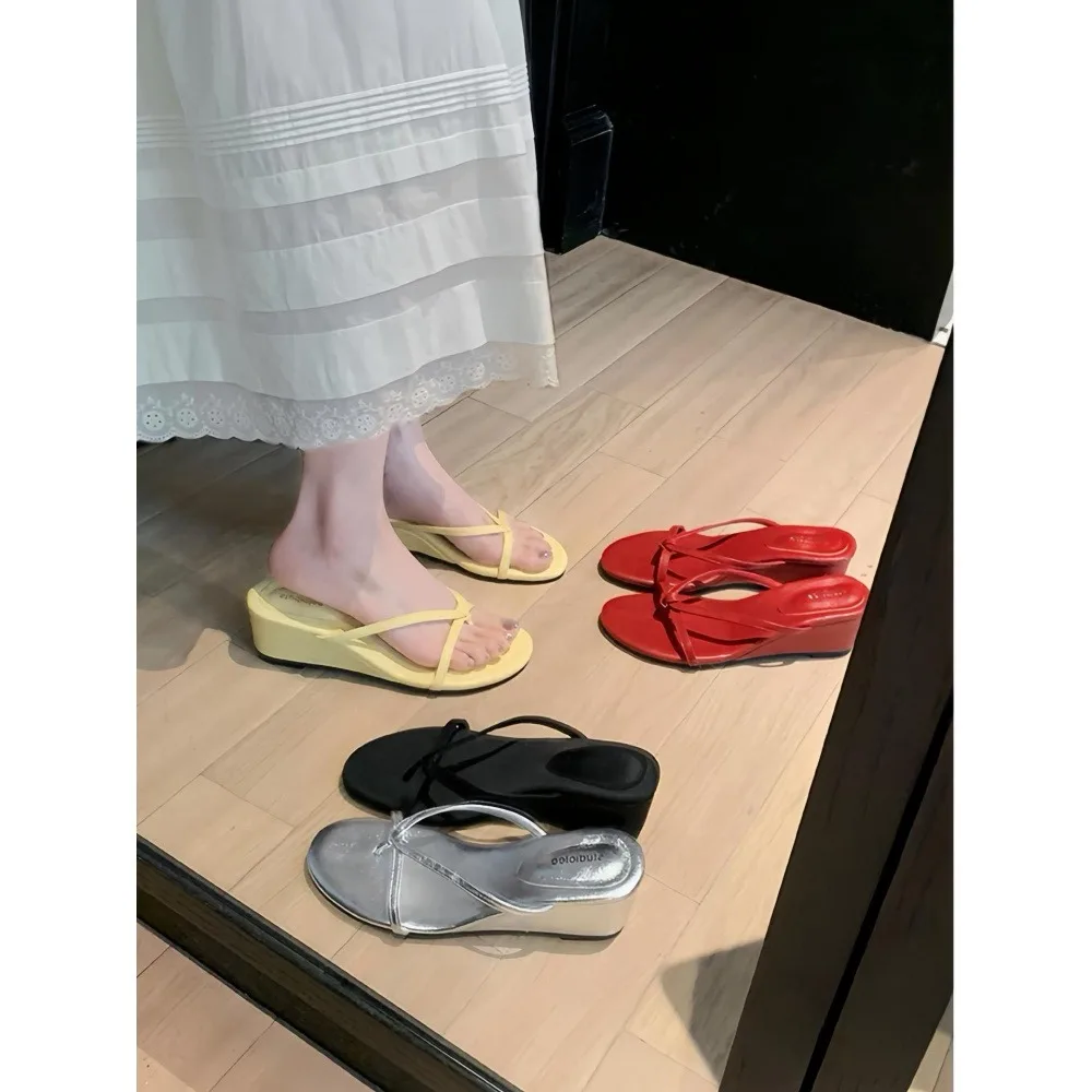 Women's Red Wedge Slide Sandals, Knot Detail Open Toe Platform Mules, Summer Casual Slip On Heeled Sandals for Party