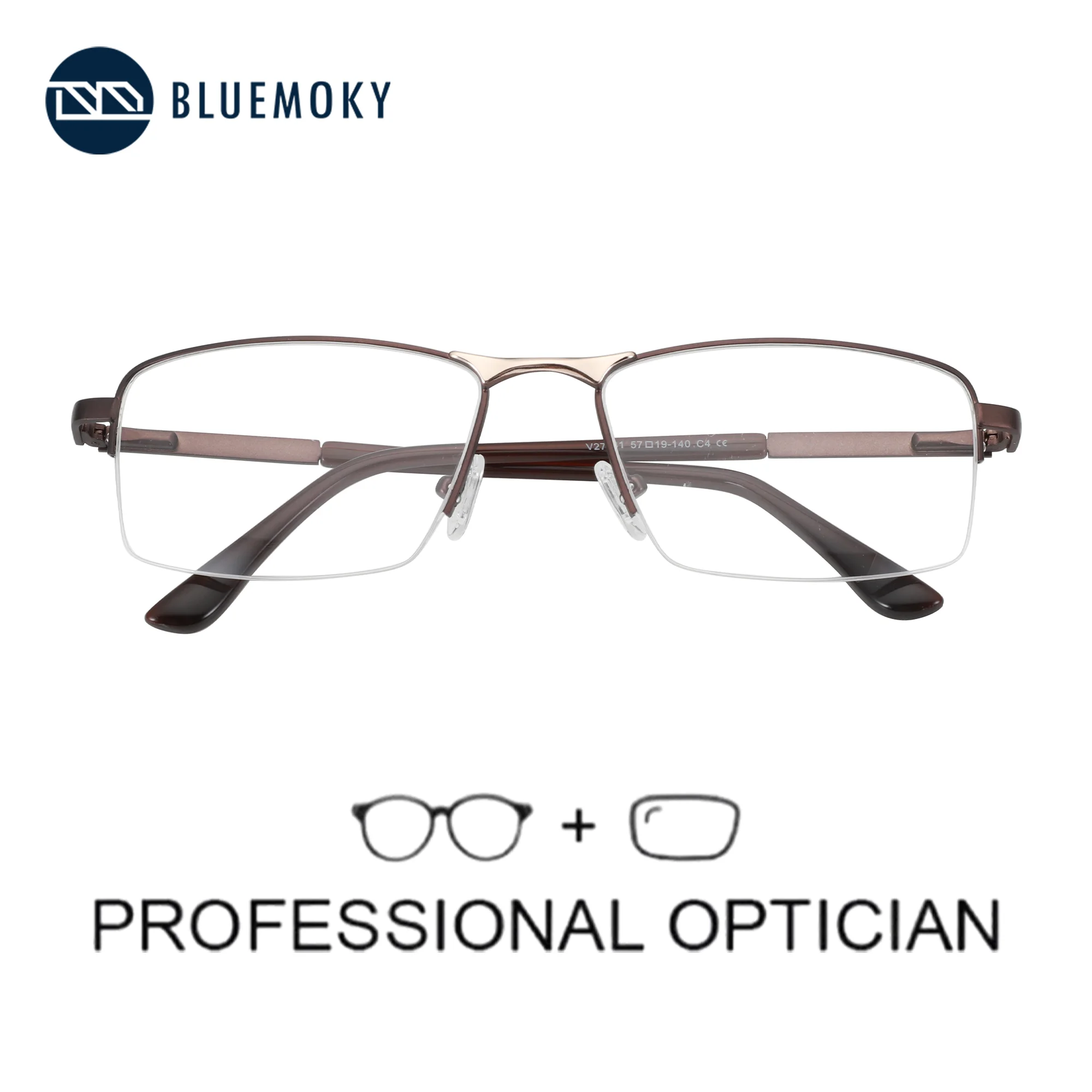BLUEMOKY XL Size Half Rim Rectangle Prescription Glasses For Men Trendy Metal Anti Blue Light Photochromic Optical Eyewear