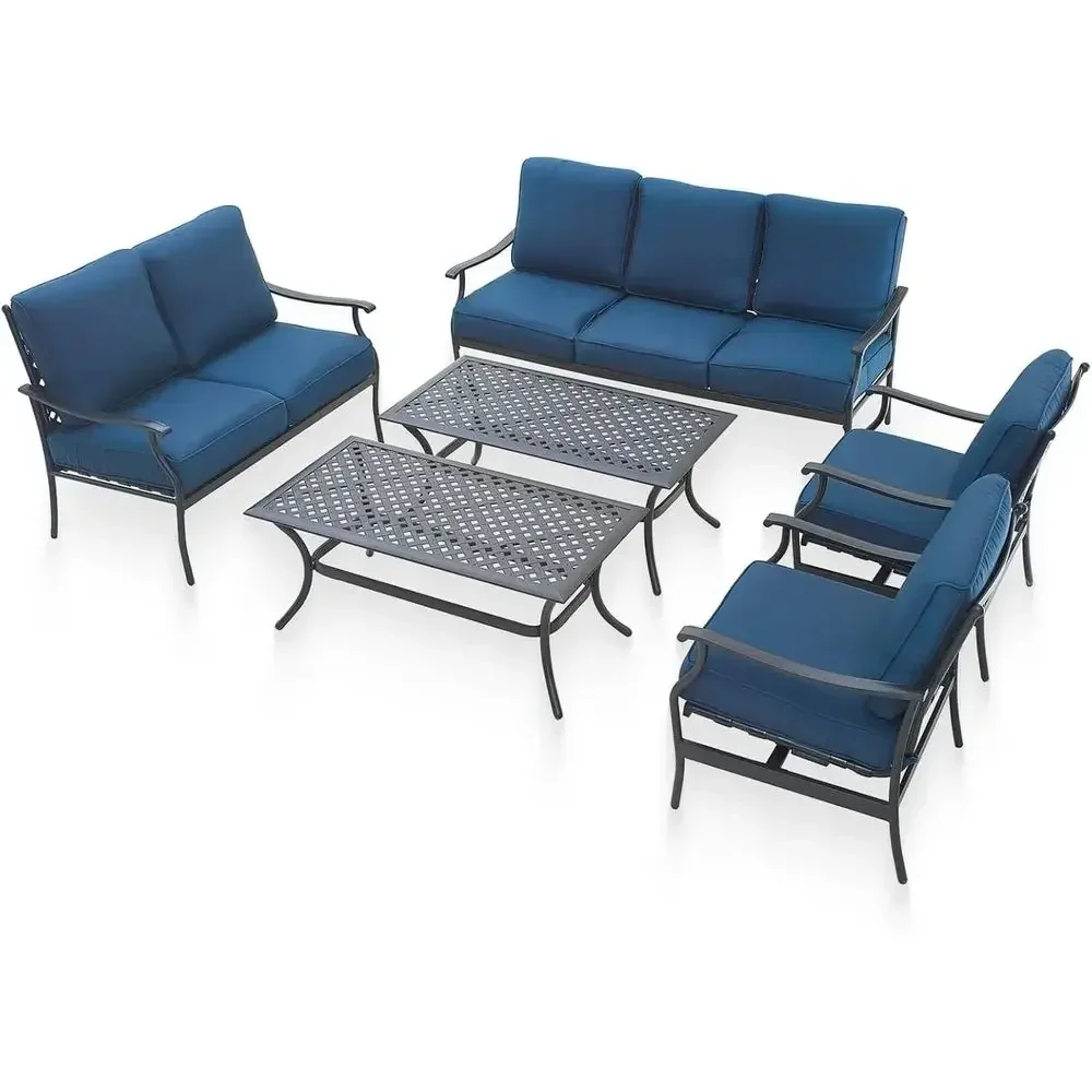 6-Piece Outdoor Patio Furniture Set with Blue Cushions, Rocking Chairs, Coffee Table, and Loveseat