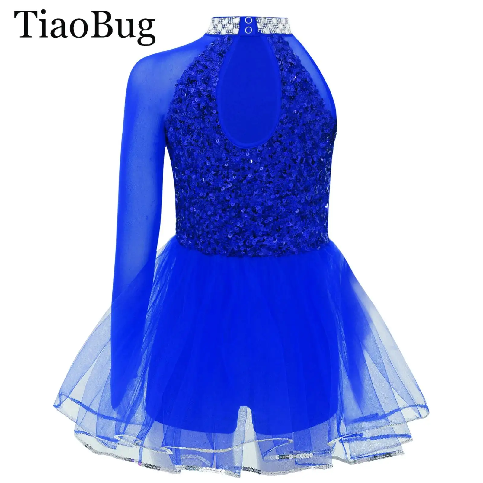 

Kids Girls Jazz Ballet Dance Leotards Shiny Sequin Tulle Skirted Asymmetrical Bodysuit Figure Skating Gymnastics Dance Jumpsuit