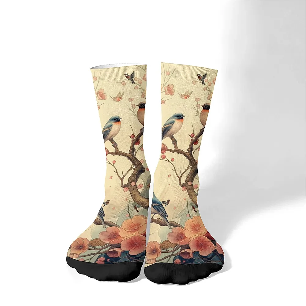 Classical Bird Flower Art Retro Men's Socks Happy Funny Crew Socks Soft Breathable Compression Socks Leisure Sports Fitness