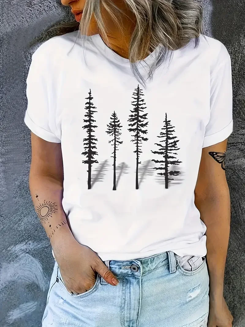 Grove Tree Simple Women t shirt Summer Fashion Short sleeved T-shirt Tee Tops Printed O-neck Casual T-shirt Women's Clothing